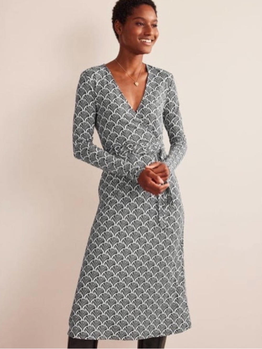 Boden Gray Patterned Long Sleeve Wrap Dress